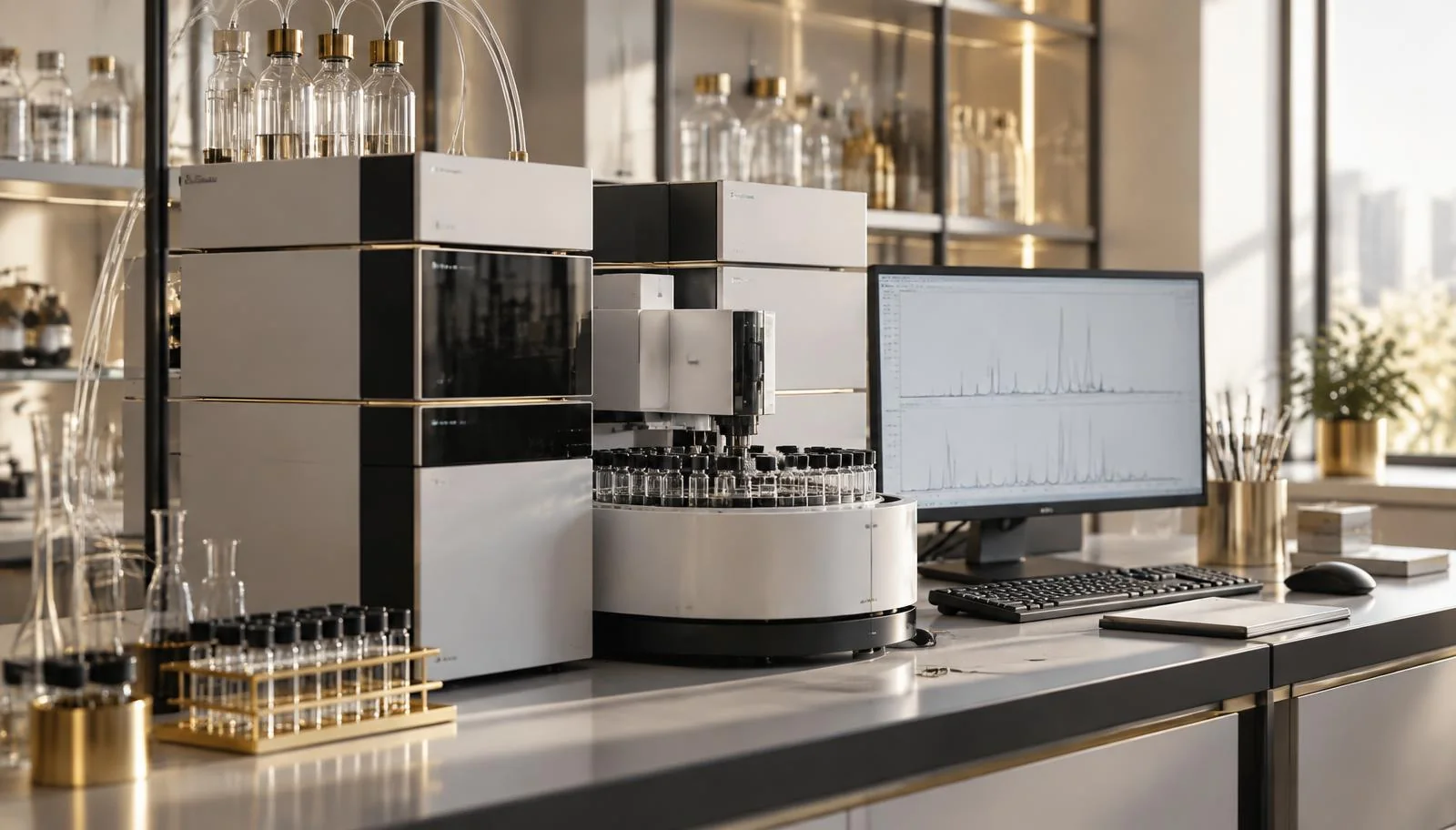 Sistema HPLC en un laboratorio de química analítica