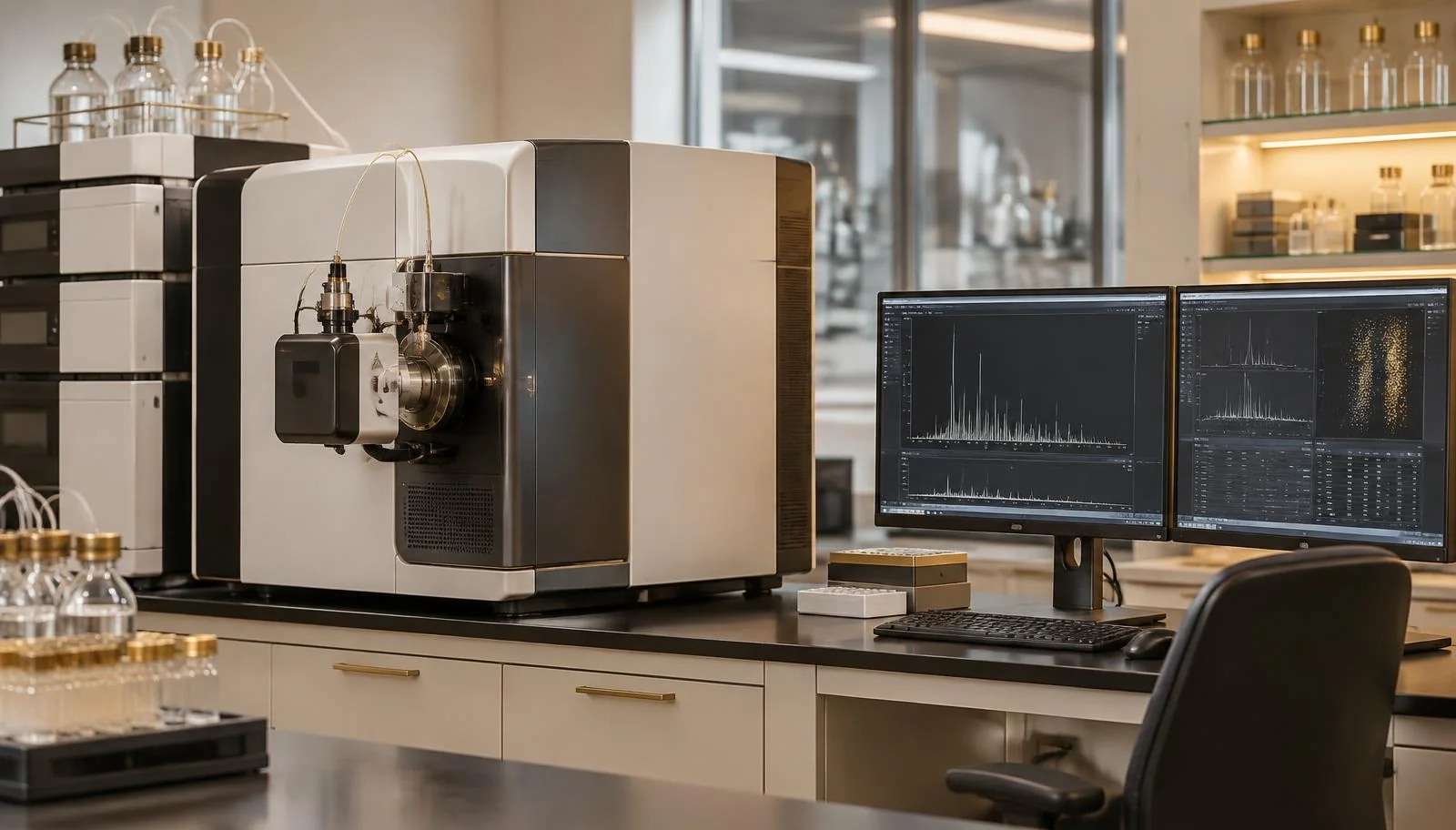 Instrumento de espectrometría de masas en un laboratorio analítico